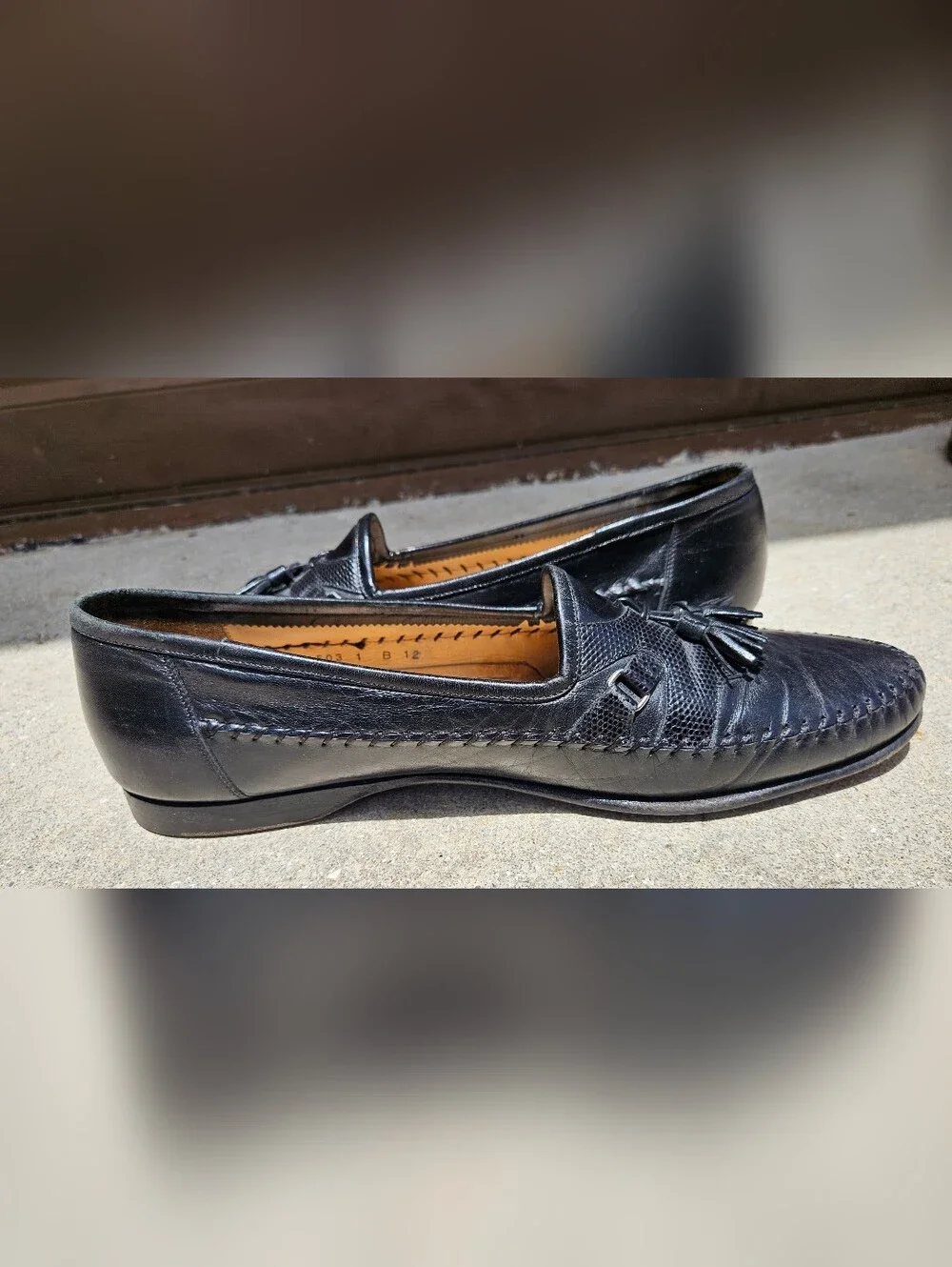Santoni Black Leather Lizard Trim Tassel Loafers Shoes Italy Men's US 12 B